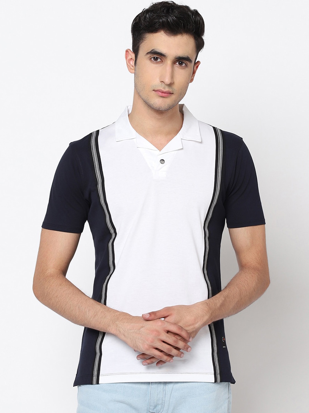 Blackberrys Men Blue & White Colourblocked Polo Collar T-shirt
