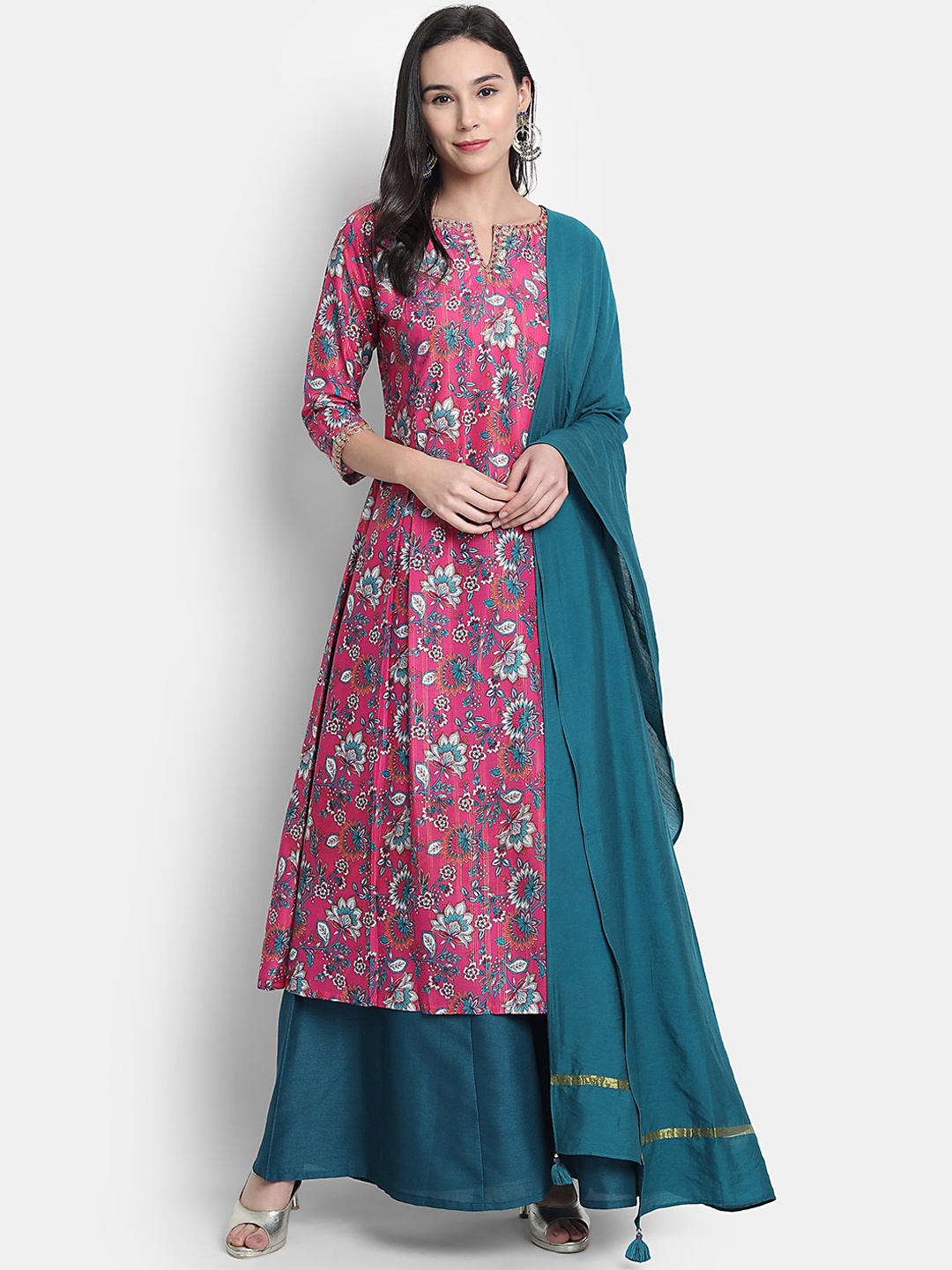 Janasya Women Pink & Blue Printed Kurta with Palazzos & Dupatta