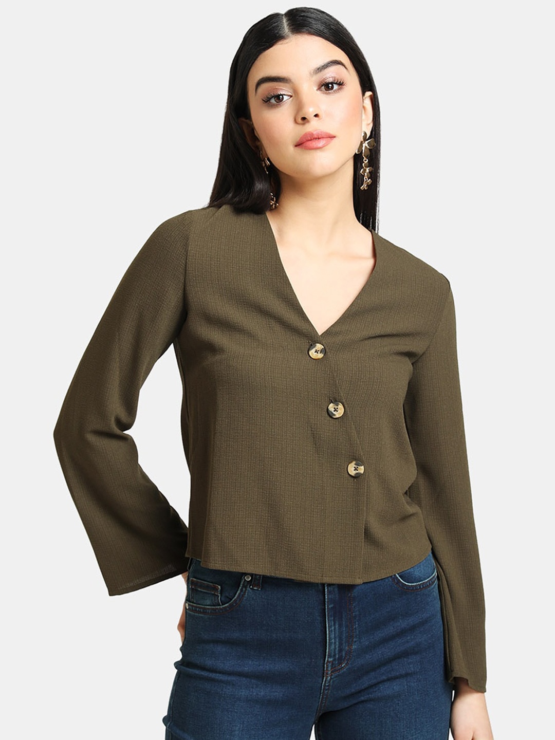 Kazo Olive Green Crepe Regular Top