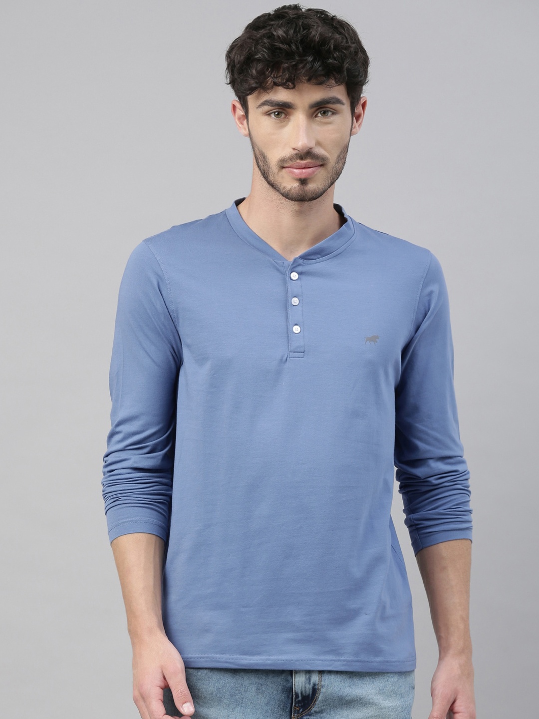 Bushirt Men Blue Solid Henley Neck Cotton Pure Cotton T-shirt