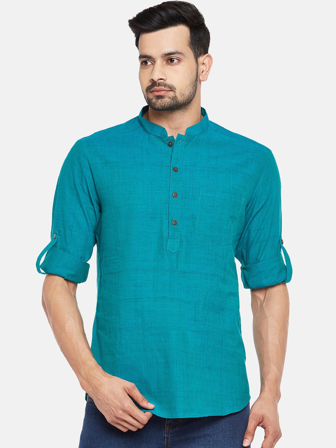 indus route by Pantaloons Men Turquoise Blue Thread Work Kurta