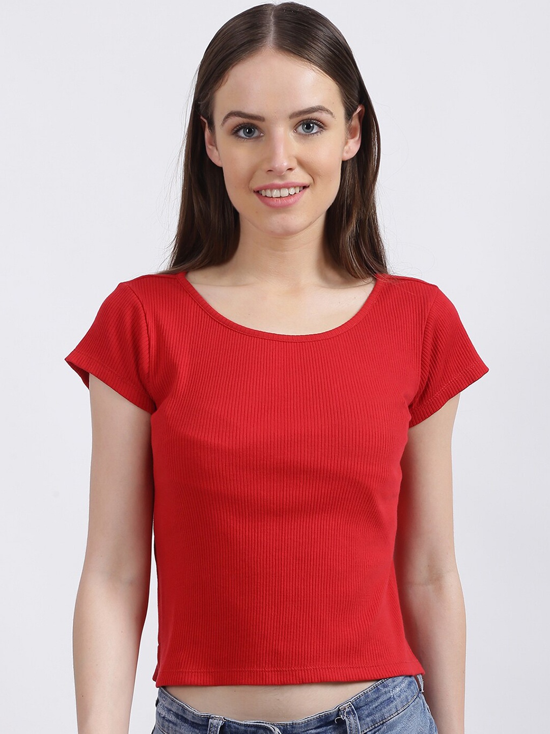 Zink London Women Red Solid Round Neck Crop T-shirt