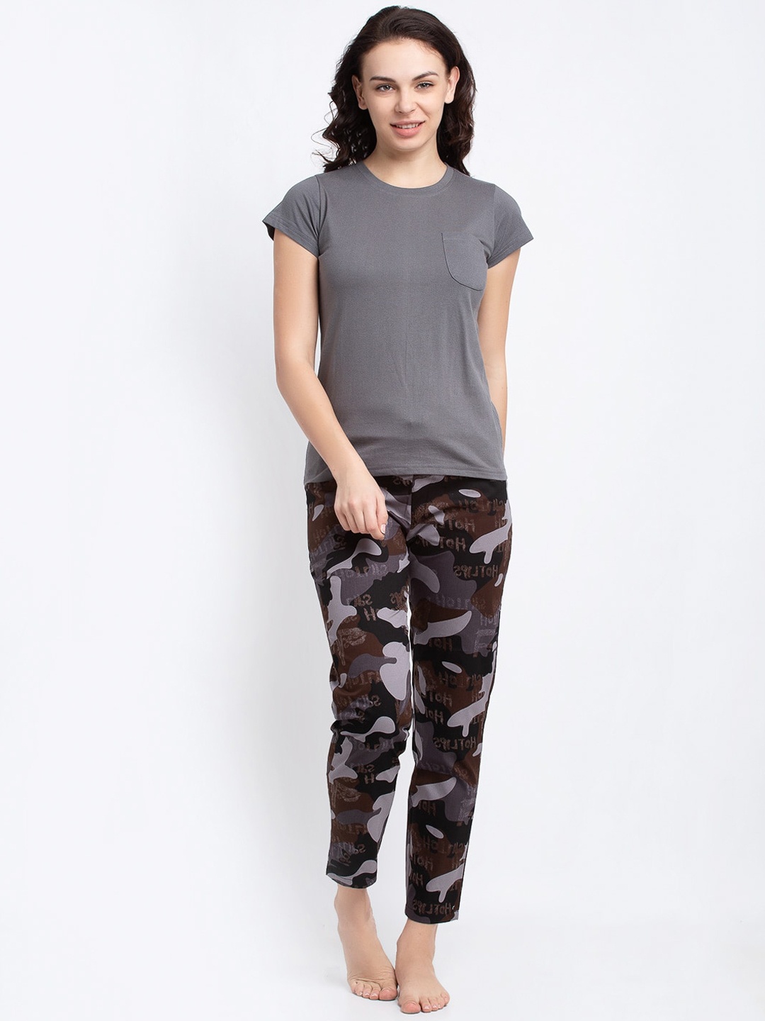 Boston Club Women Grey & Black Solid Night Suit