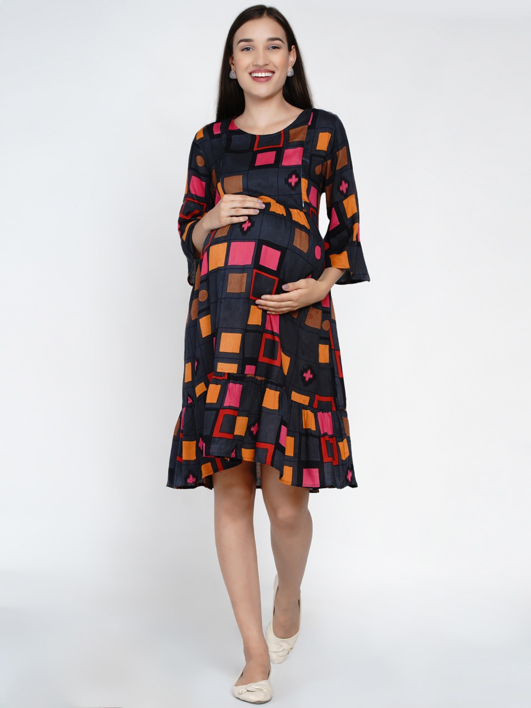 Mine4Nine Women Multicoloured Printed Fit and Flare Maternity Dress, Multi