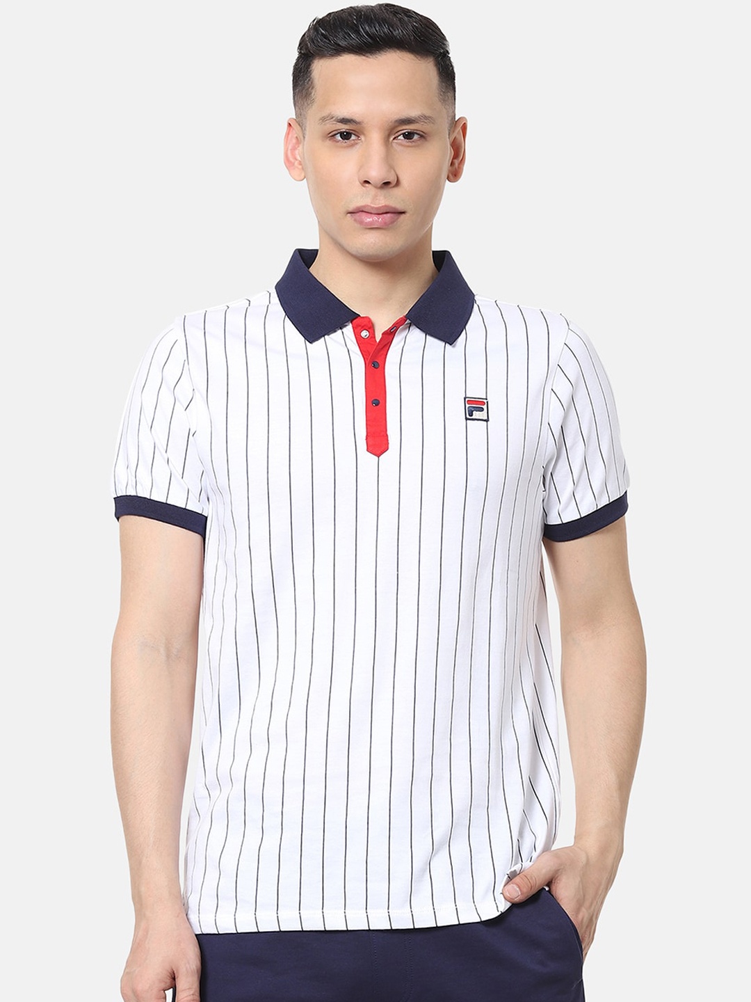 FILA Men White Striped Cotton Polo Collar T-shirt