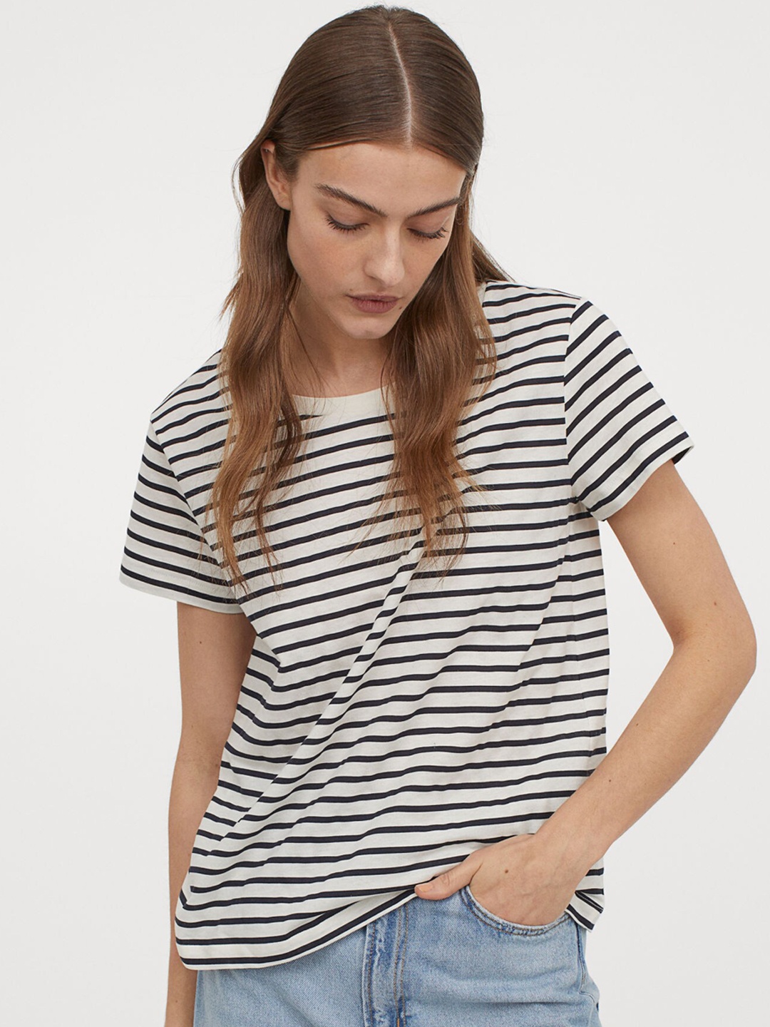 HM Women White Blue Striped Cotton Pure Cotton T-shirt