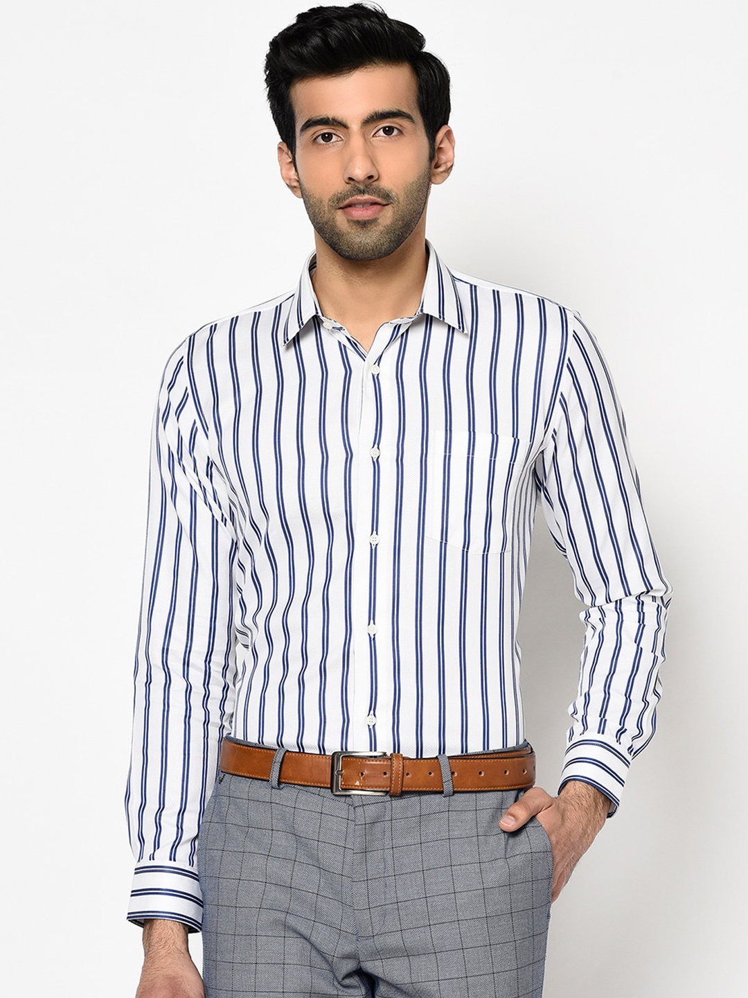 Blackberrys Men Blue Slim Fit Striped Cotton Casual Shirt