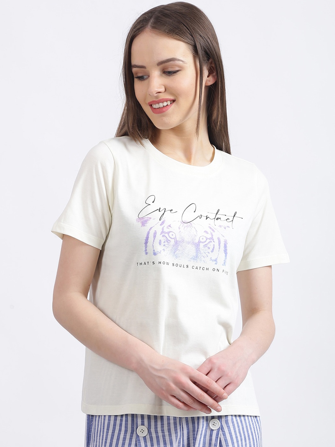 Zink London Women White Printed Round Neck T-shirt