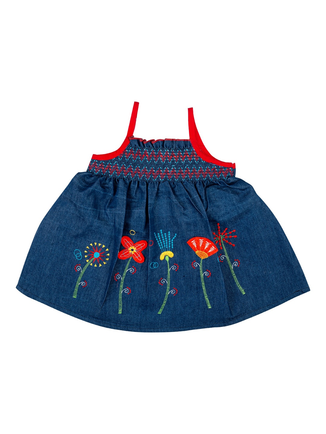 MeeMee Girls Navy Blue & Red Embroidered Fit and Flare Denim Cotton Dress