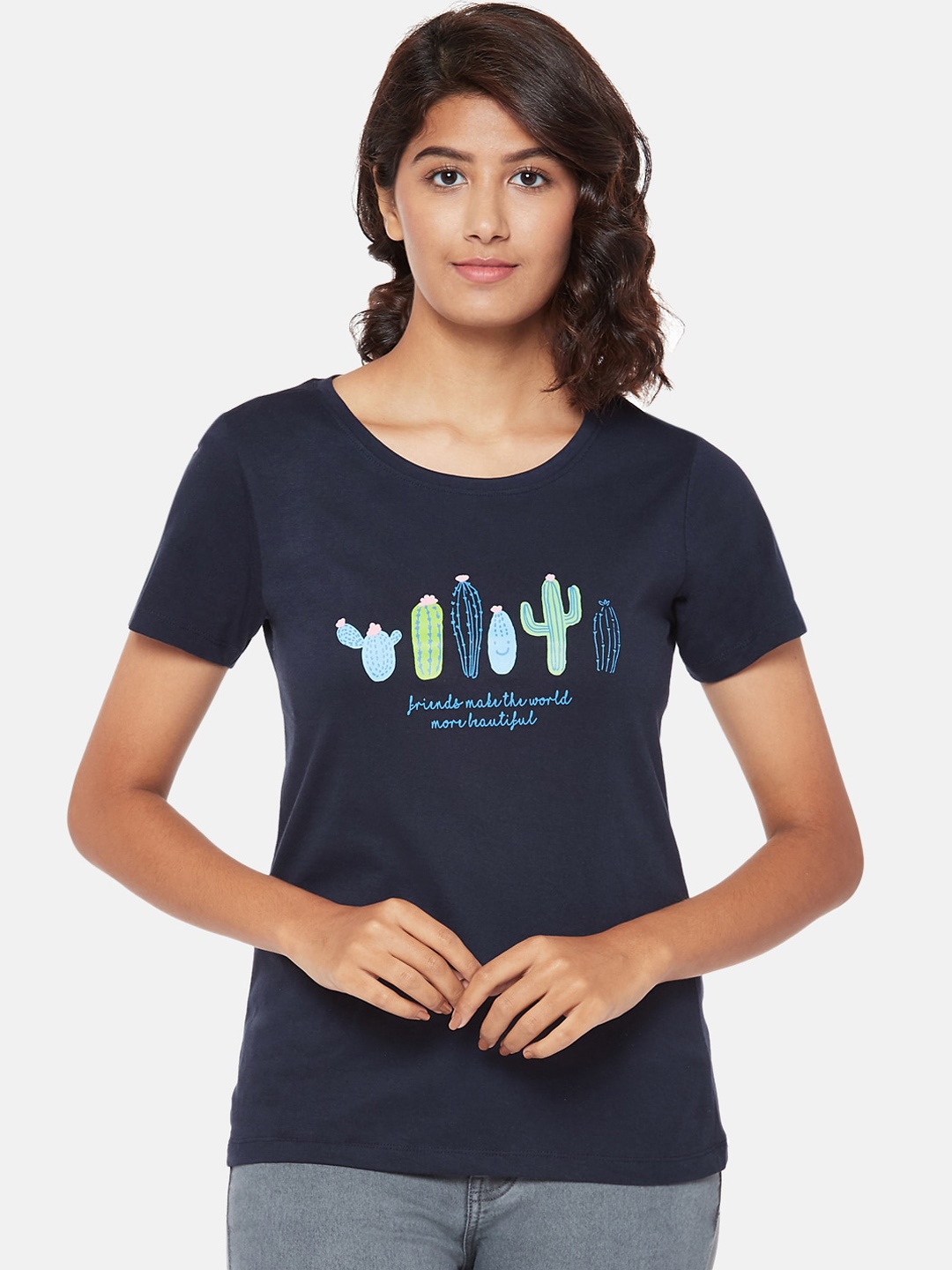 Honey by Pantaloons Women Navy Blue Printed Round Neck Pure Cotton T-shirt