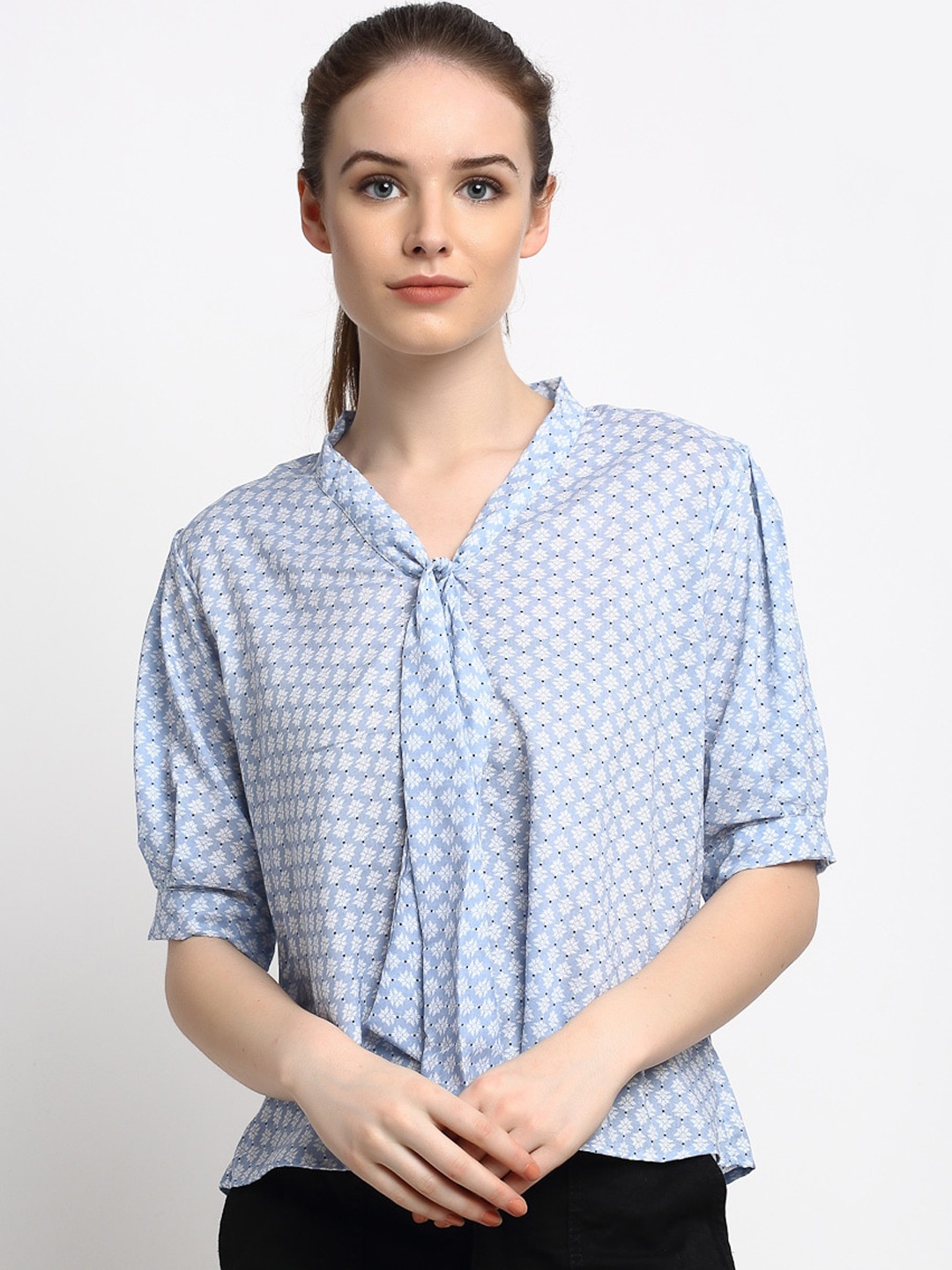 Just Wow Blue & White Printed Puff Sleeves Regular Top