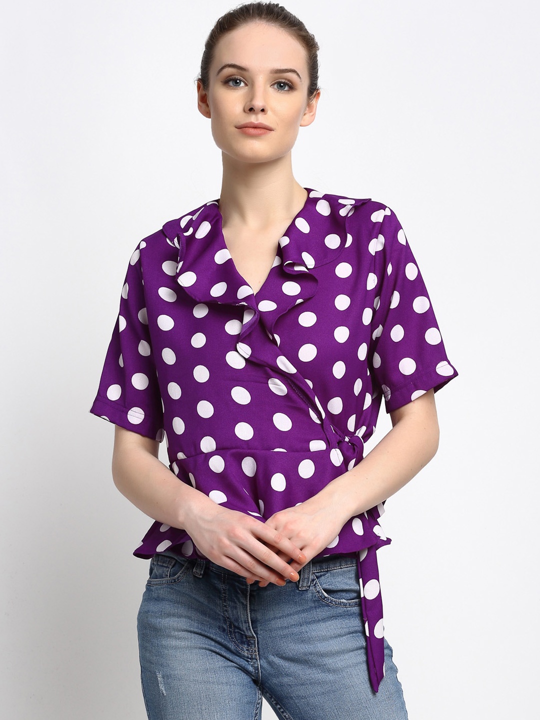 Just Wow Purple Printed Crepe Wrap Top