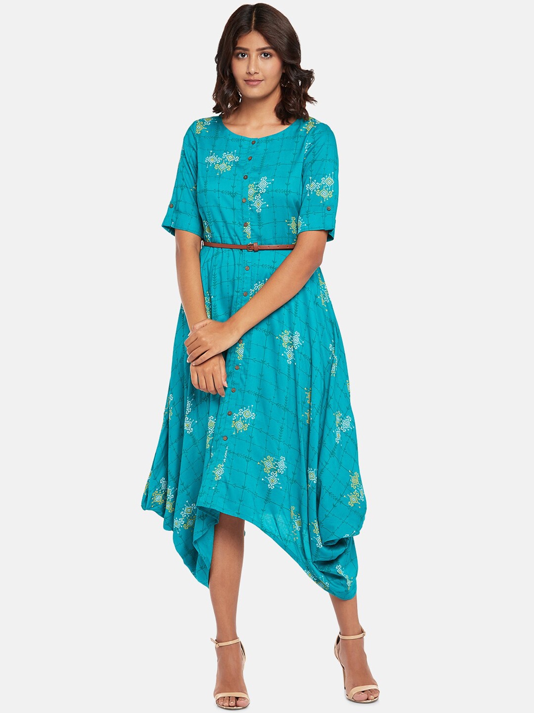 AKKRITI BY PANTALOONS Women Turquoise Blue Printed A-Line Dress