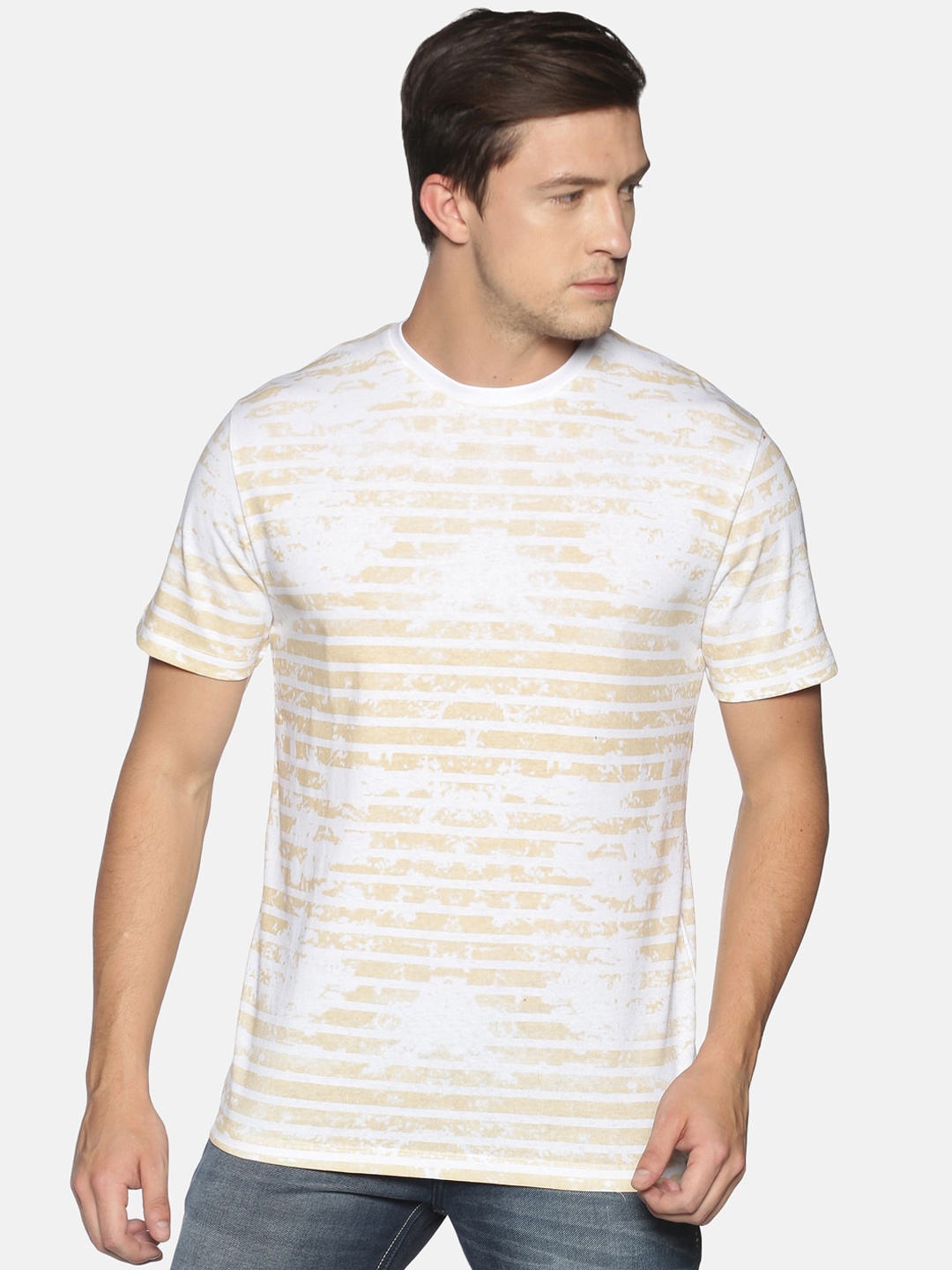 UrGear Men White Cream Striped Round Neck Pure Cotton T-shirt