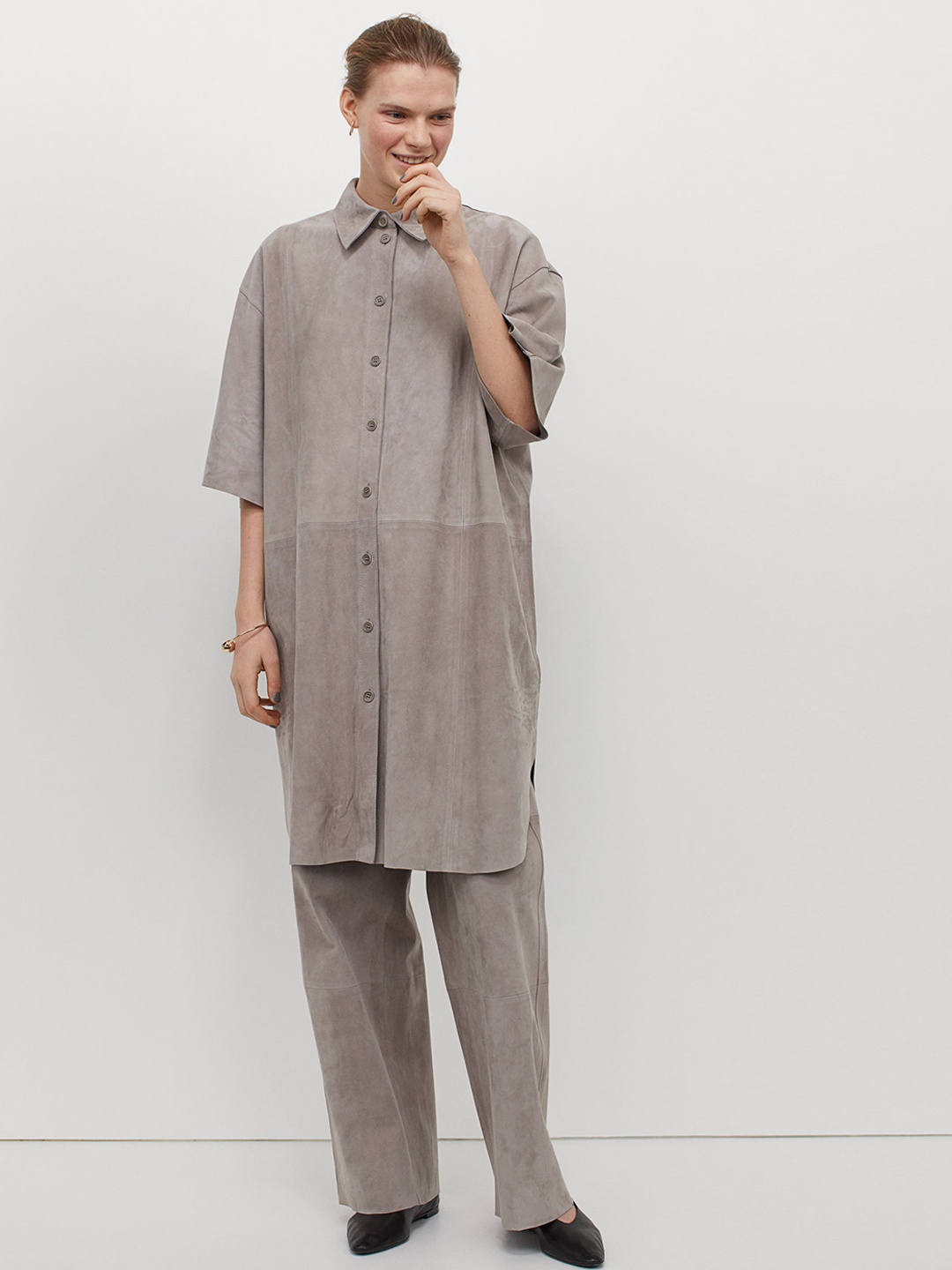 H&M Women Taupe Solid Long Suede Shirt