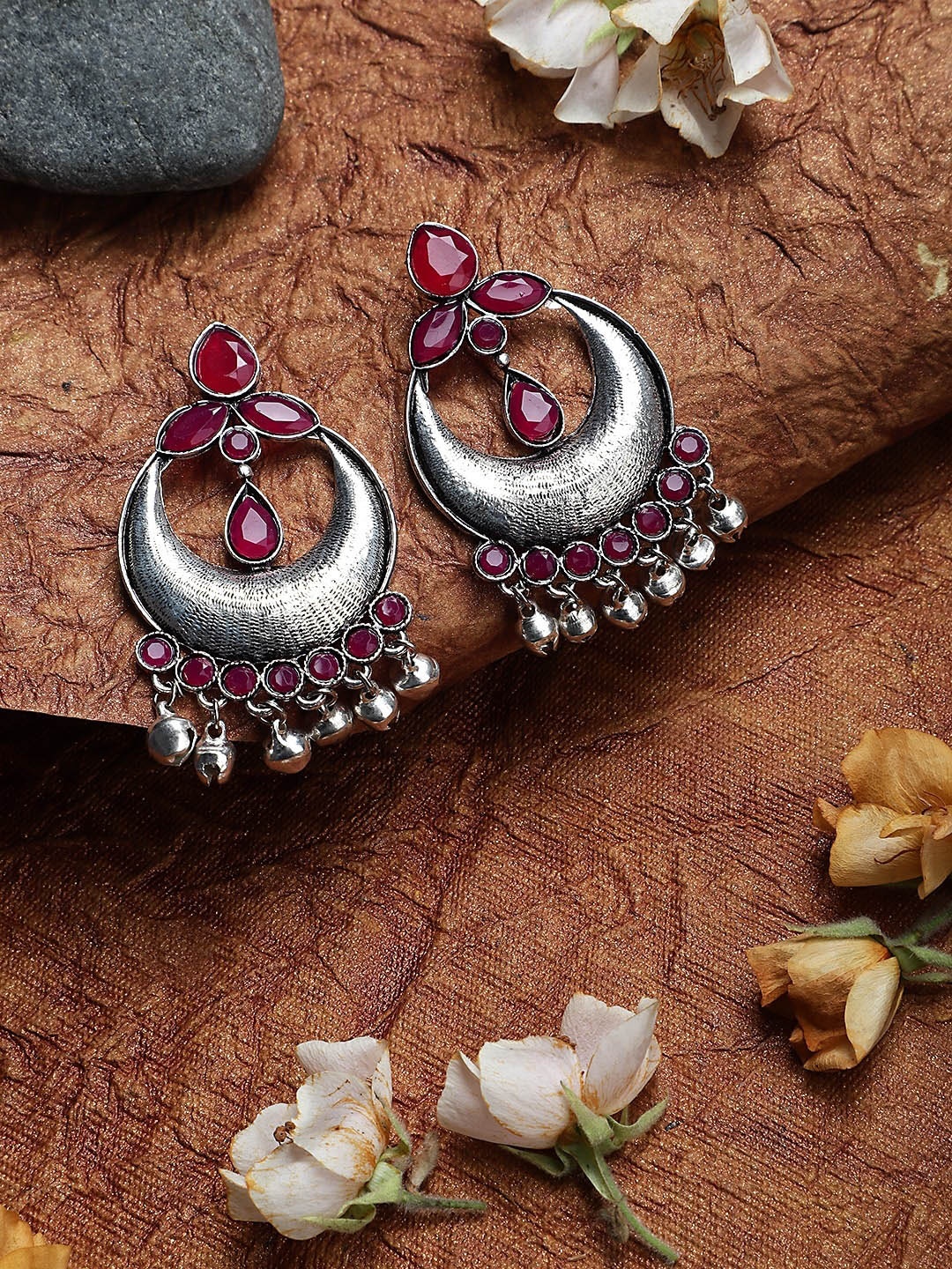 Mali Fionna Pink & Silver-Toned Classic Chandbalis