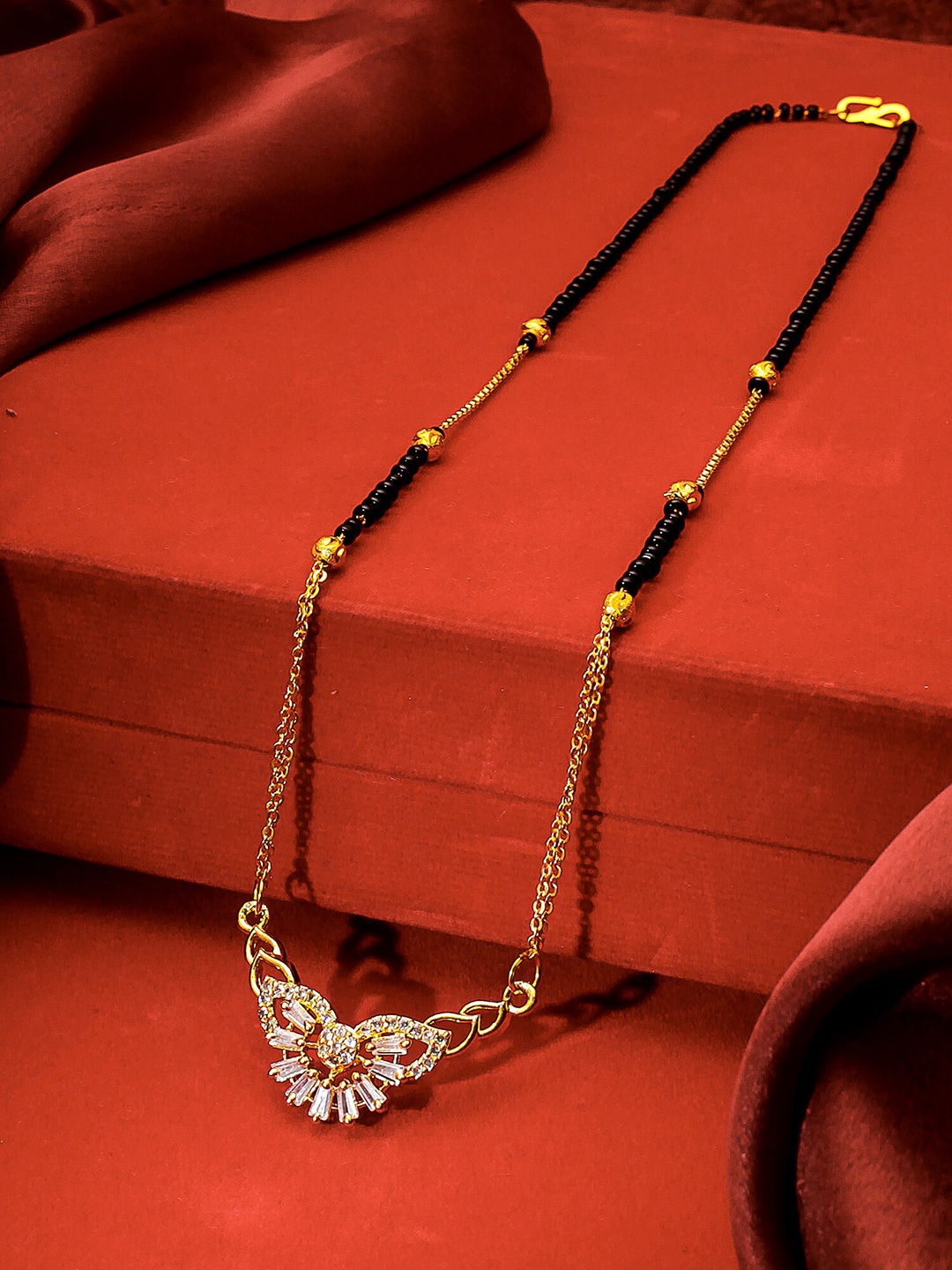 aadita Gold-Plated Black Beaded & White AD-Studded Mangalsutra
