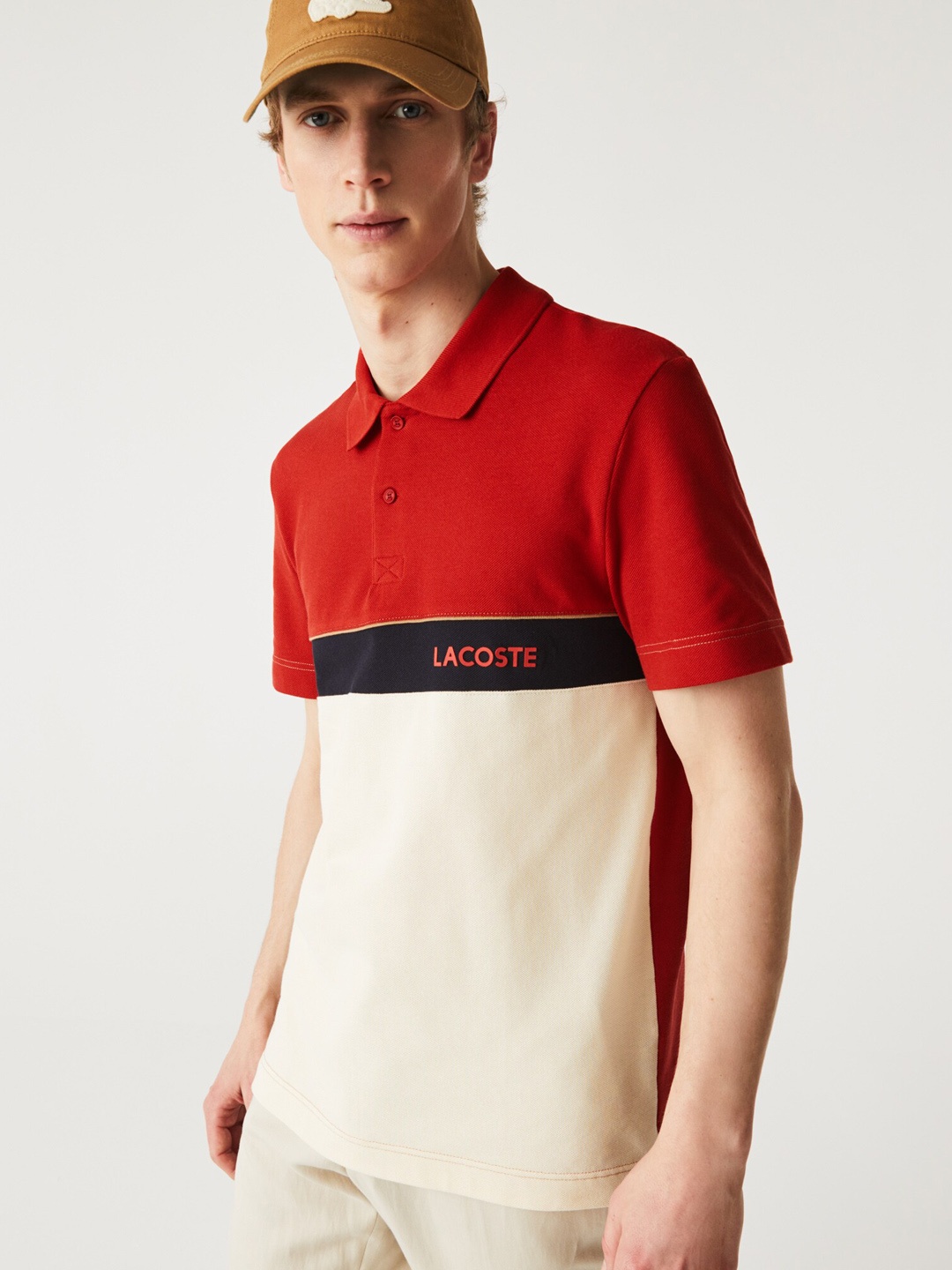 Lacoste Men Red Off-White Pure Cotton Colourblocked Polo Collar Pure Cotton T-shirt