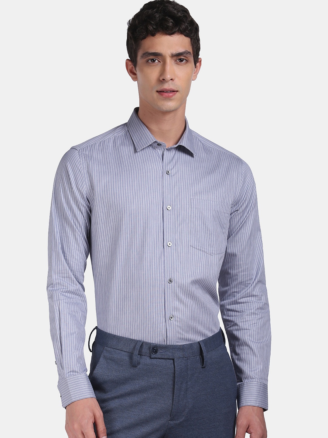 Arrow Men Grey Slim Fit Striped Formal Shirt