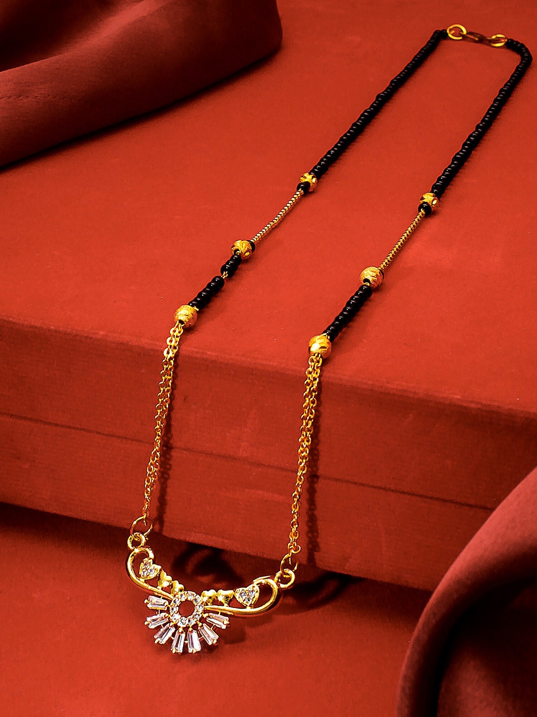 aadita Gold-Plated Black & White AD-Studded & Beaded Mangalsutra