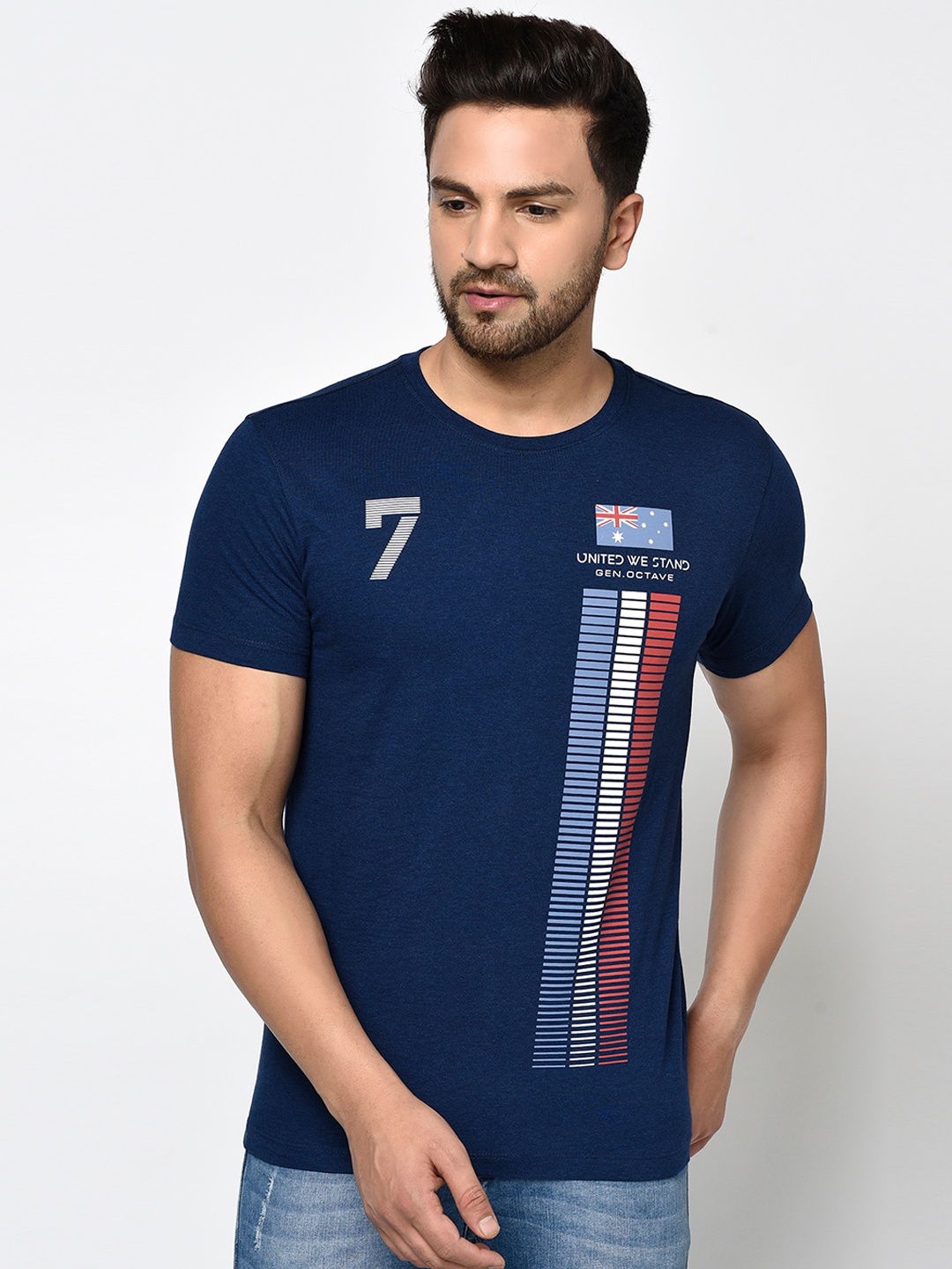 Octave Men Navy Blue Cotton Printed Round Neck T-shirt
