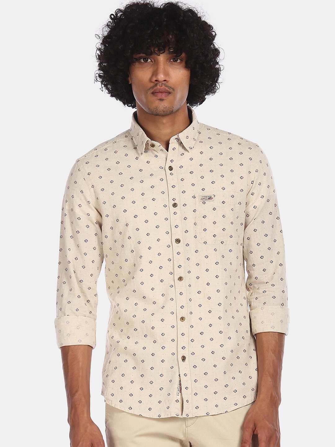 U.S. Polo Assn. Denim Co. Men Beige Regular Fit Printed Casual Shirt