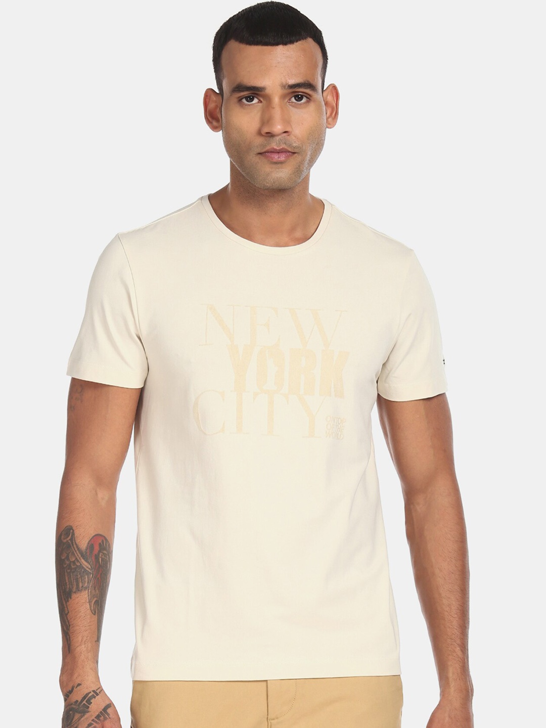 Arrow New York Men Cream-Coloured Printed Round Neck T-shirt