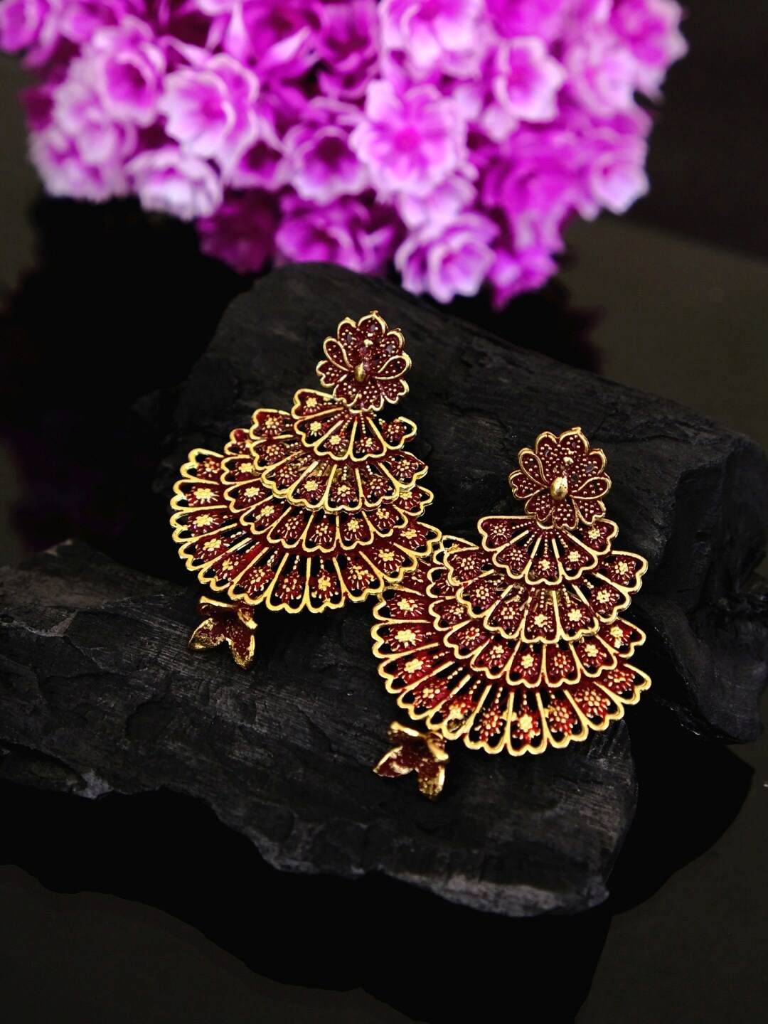 Crunchy Fashion Red Gold-Plated Floral Shaped Chandbalis