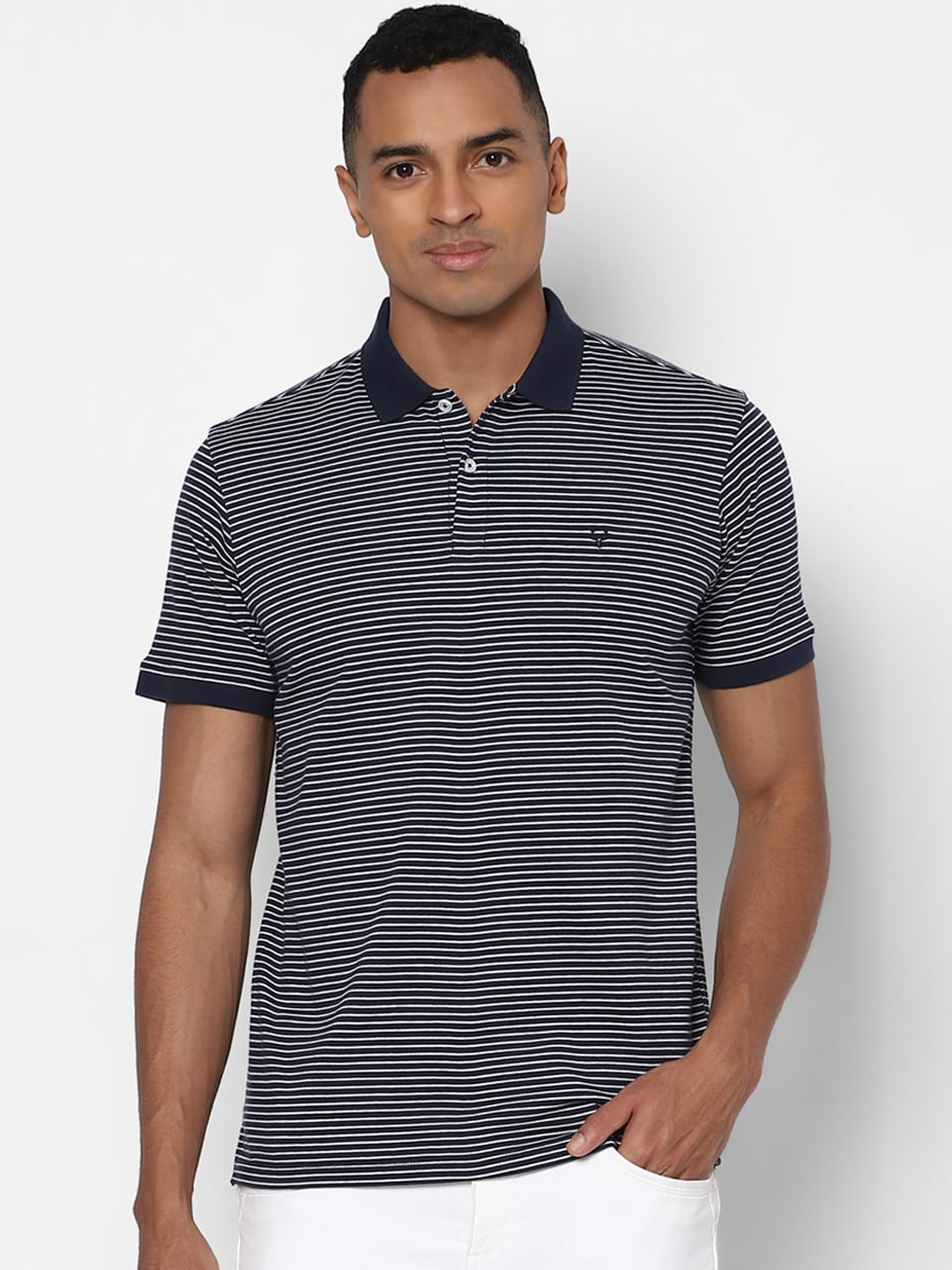 Allen Solly Men Navy Blue & White Striped Polo Collar T-shirt