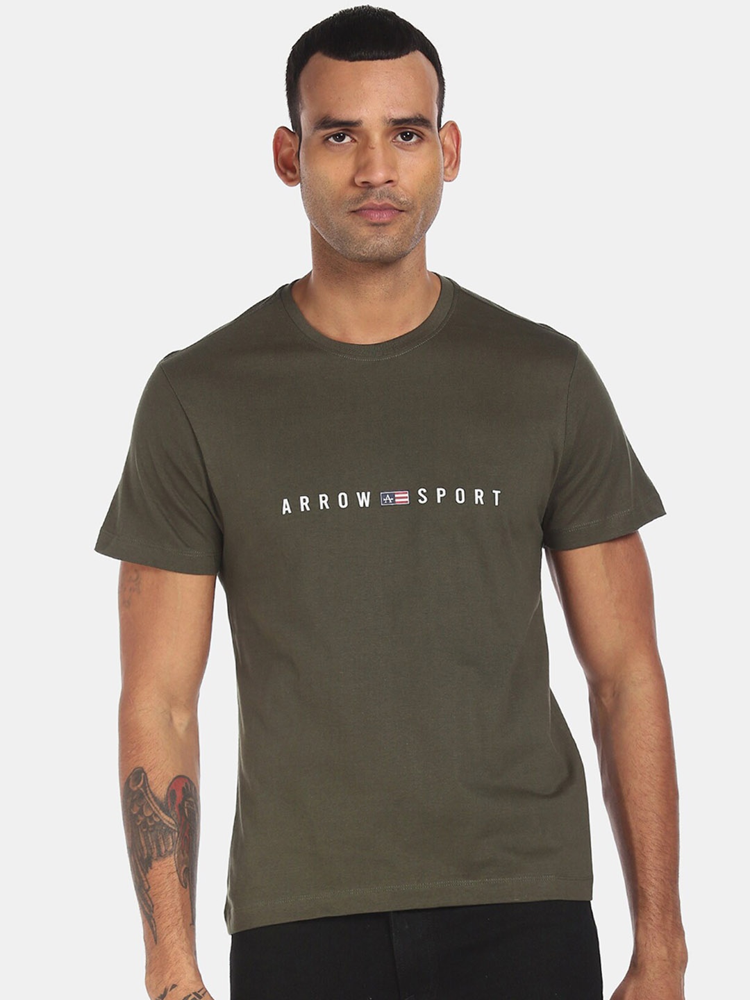 Arrow Sport Men Olive Green Printed Round Neck Cotton Pure Cotton T-shirt