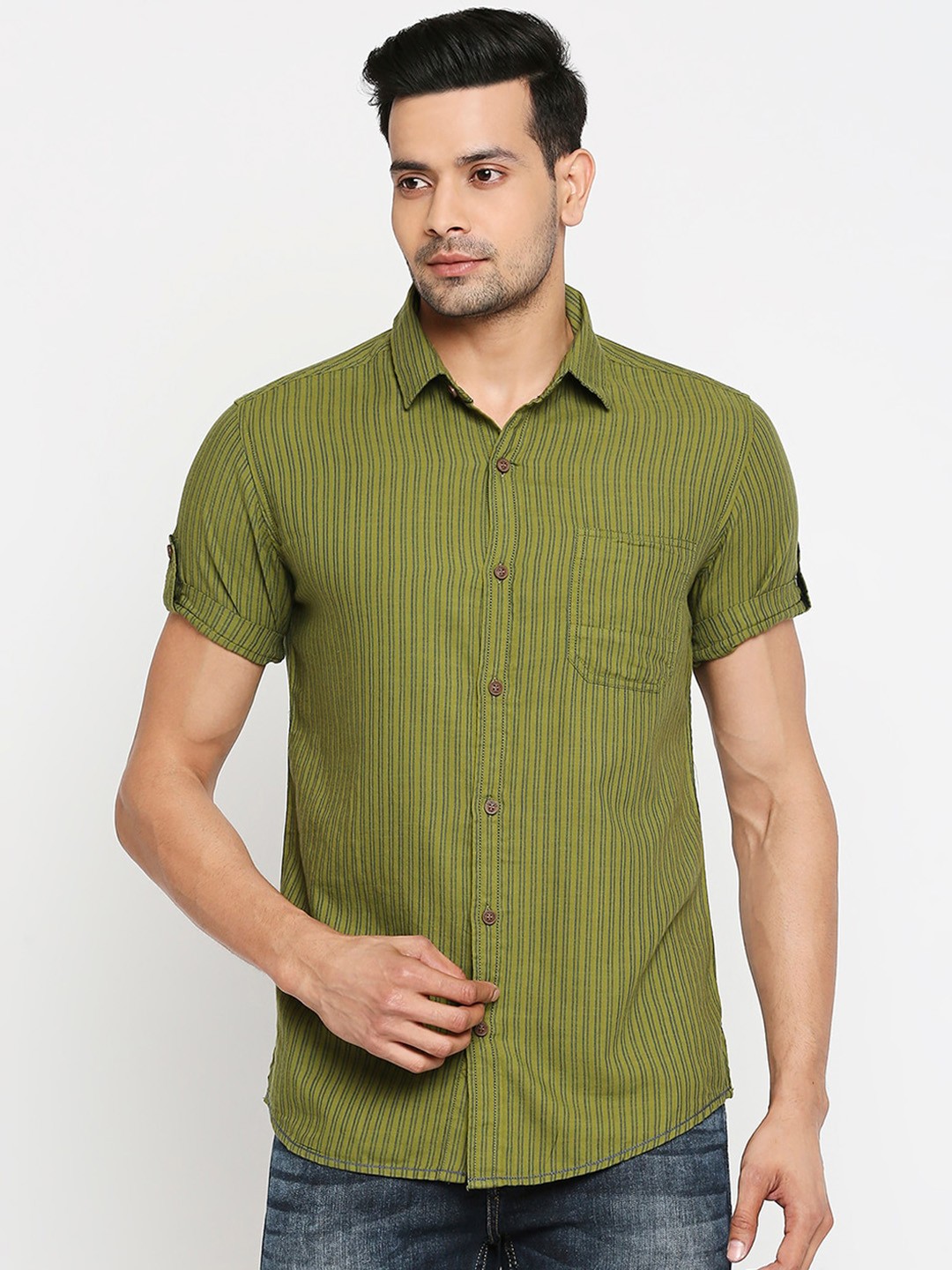 Mufti Men Olive Green & Black Pure Cotton Slim Fit Striped Casual Shirt