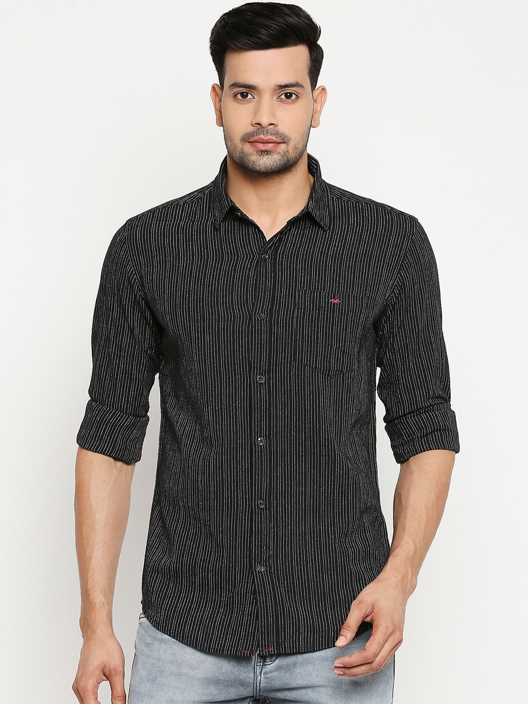 Mufti Men Black & White Slim Fit Striped Casual Shirt