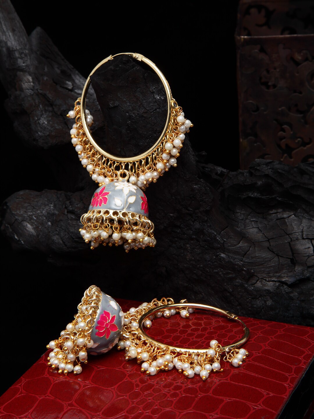 Shining Diva Grey & Gold-Toned Dome Shaped Jhumkas