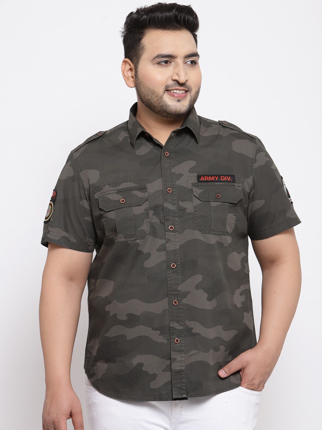 plusS Men Plus Size Olive Brown Regular Fit Camouflage Printed Casual Shirt