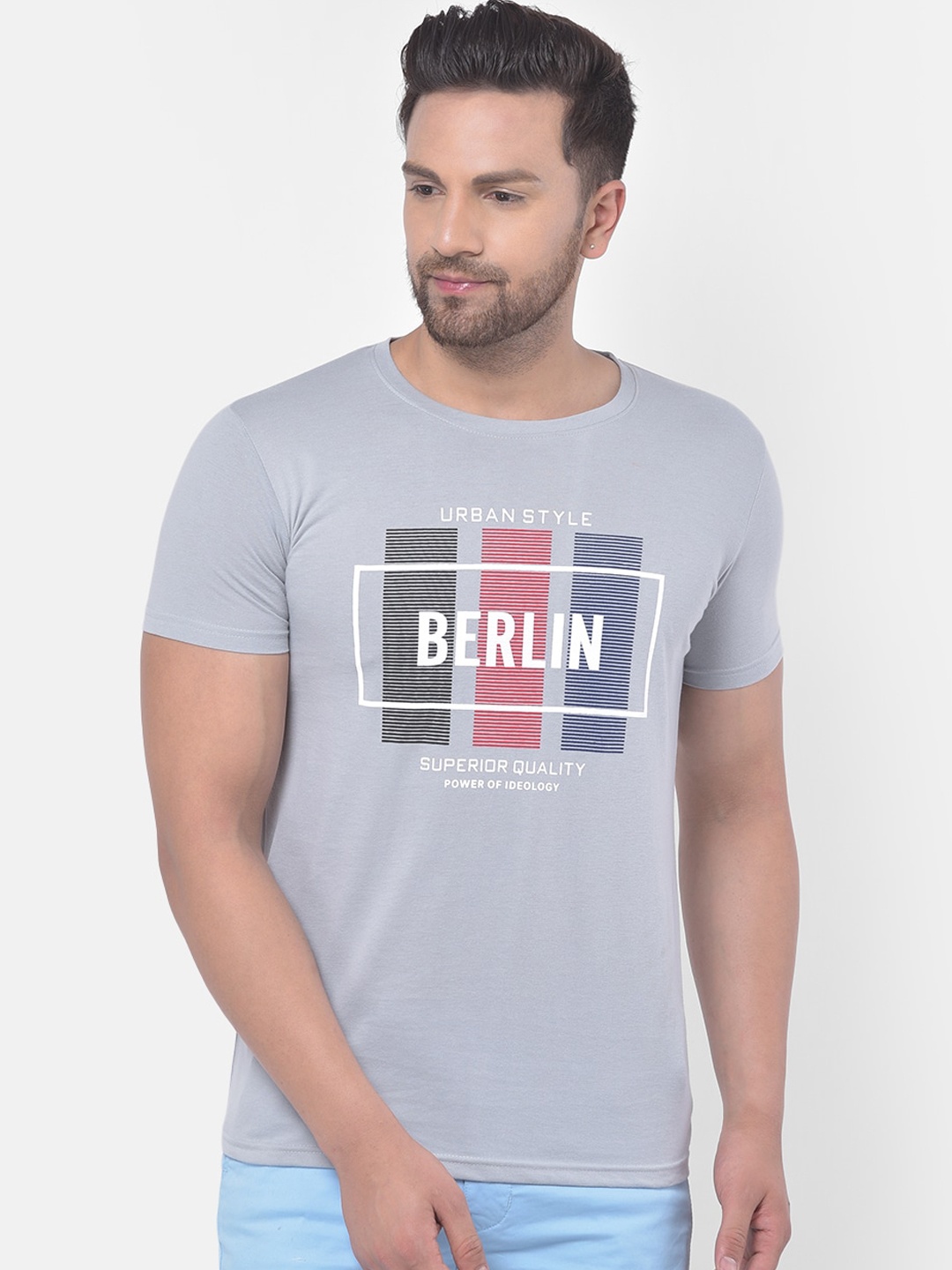 COBB Men Grey & White Printed Round Neck T-shirt