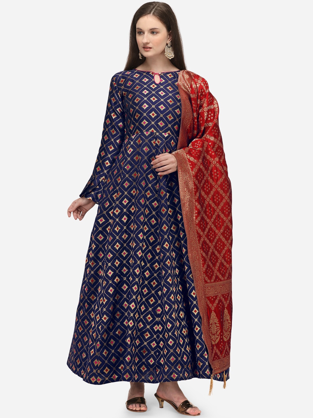 PURVAJA Women Navy Blue Printed Gown Dress With Dupatta