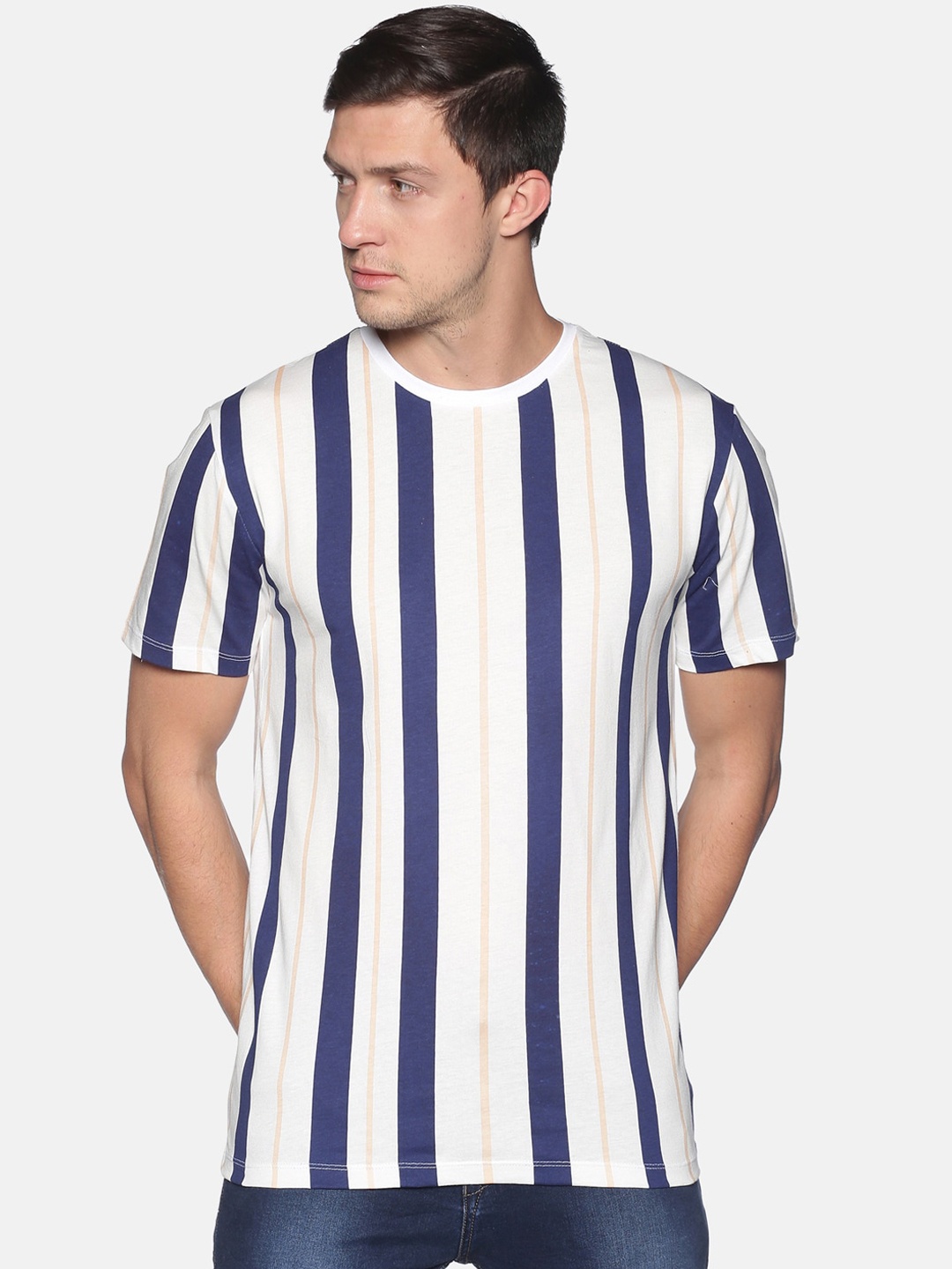 UrGear Men White Striped Round Neck Pure Cotton T-shirt