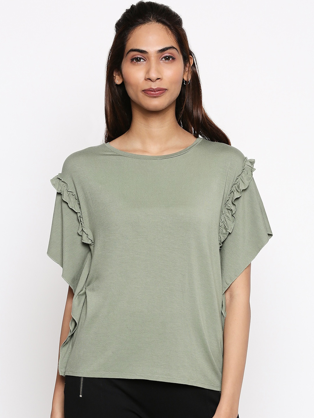People Olive Green Ruffles Top
