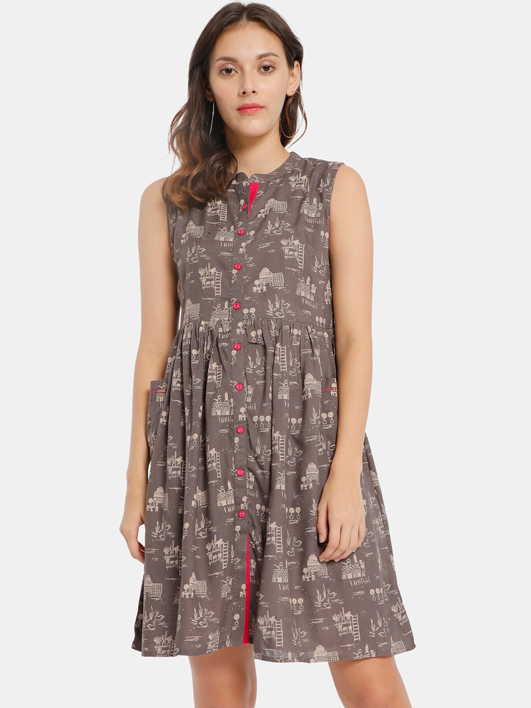 Karigari Women Brown Printed Cotton A-Line Dress