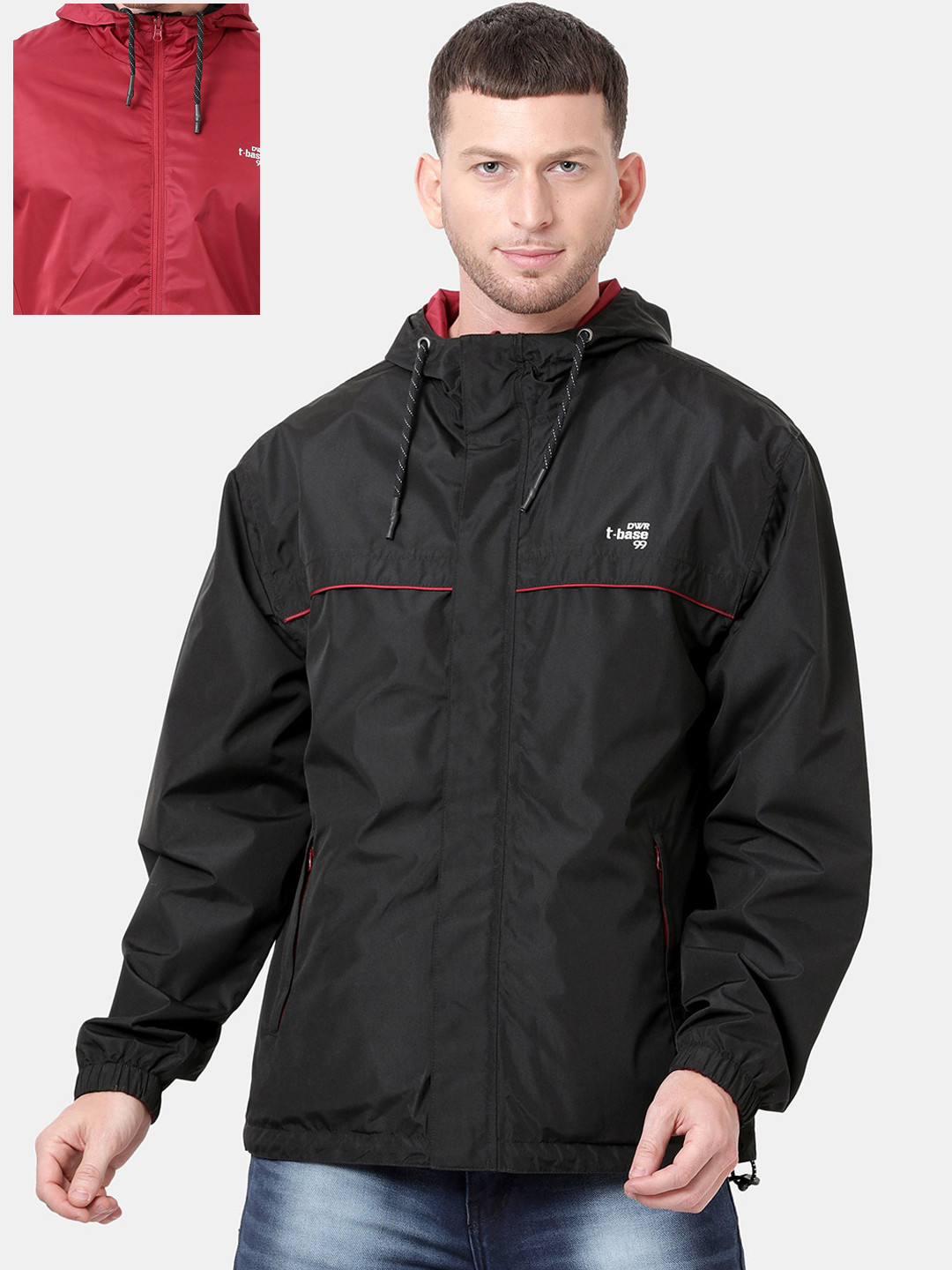 t-base Men Black & Red Solid Waterproof Reversible Rain Jacket
t-base Men Black & Red Solid Waterproof Reversible Rain Jacket