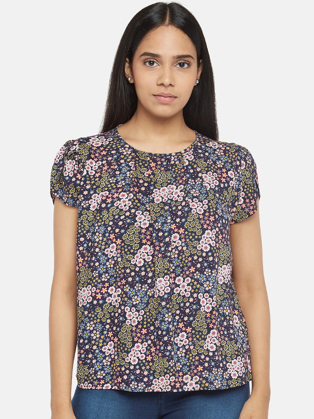 People Blue & Pink Floral Printed Regular Top
