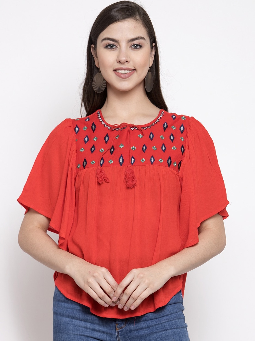 Purple State Orange & Navy Blue Geometric Embroidered Tie-Up Neck Flared Sleeves Top
Purple State Orange & Navy Blue Geometric Embroidered Tie-Up Neck Flared Sleeves Top