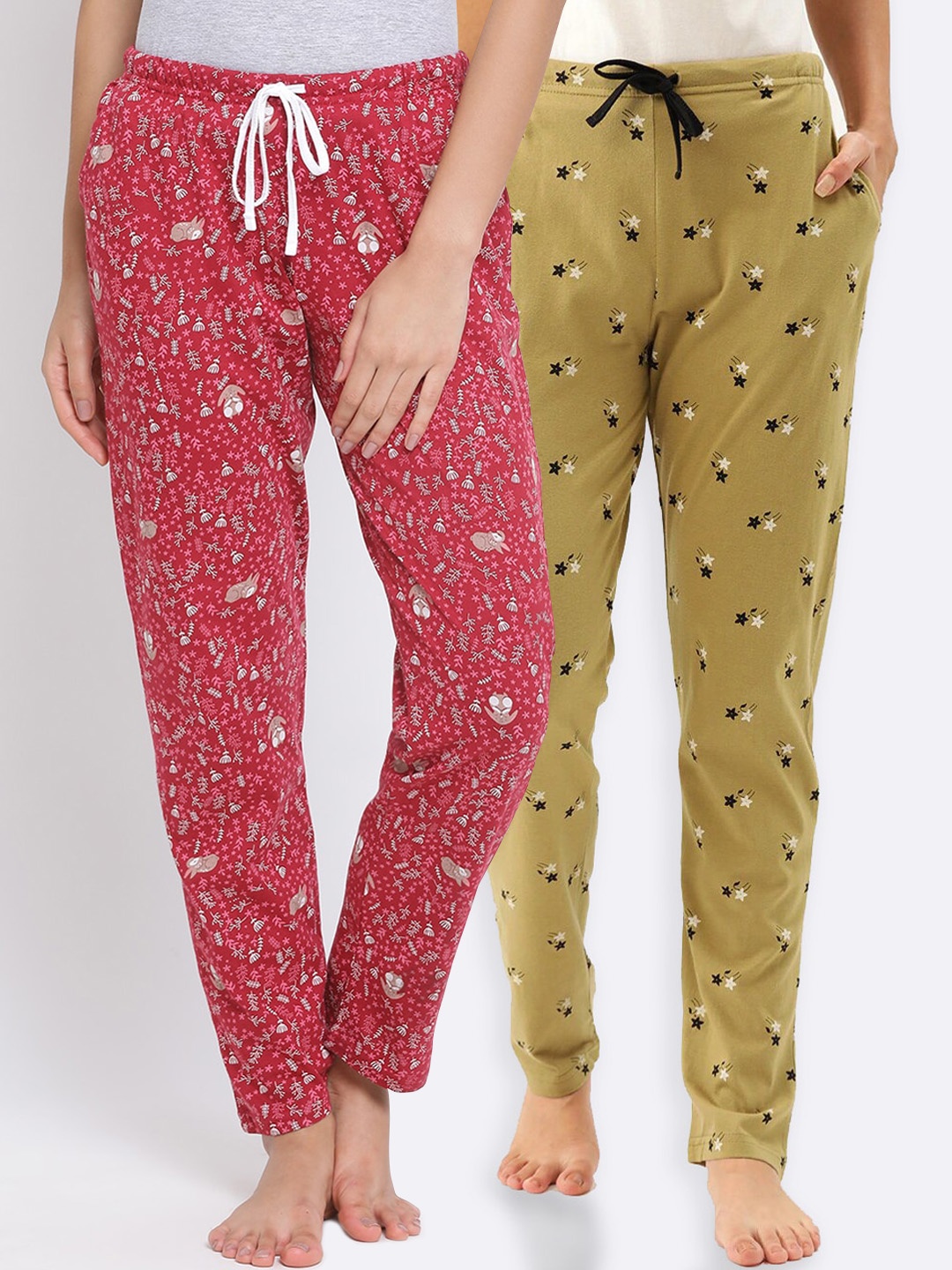 Kanvin Women Pack Of 2 Printed Lounge Pants, Green