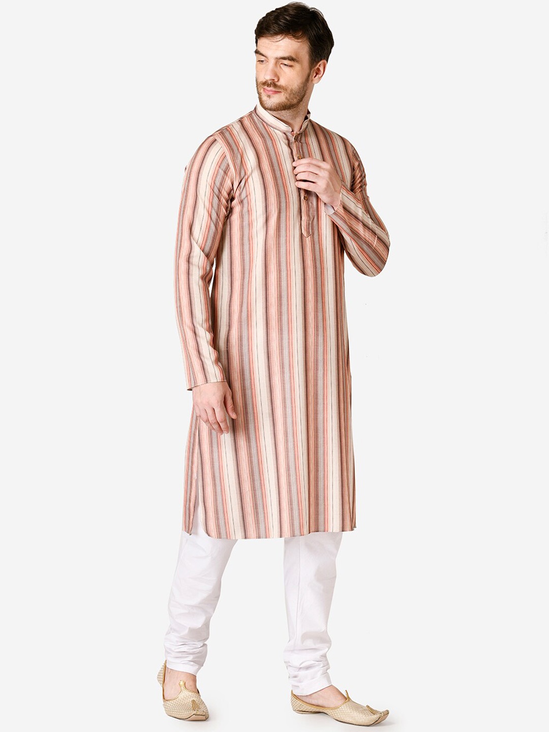 TABARD Men Beige & Brown Striped Cotton Kurta with Churidar
