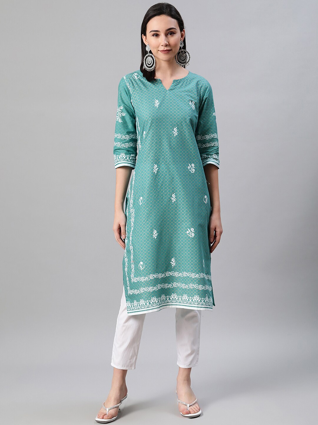 ZIYAA Women Sea Green & White Floral Screen Print Cotton Kurta