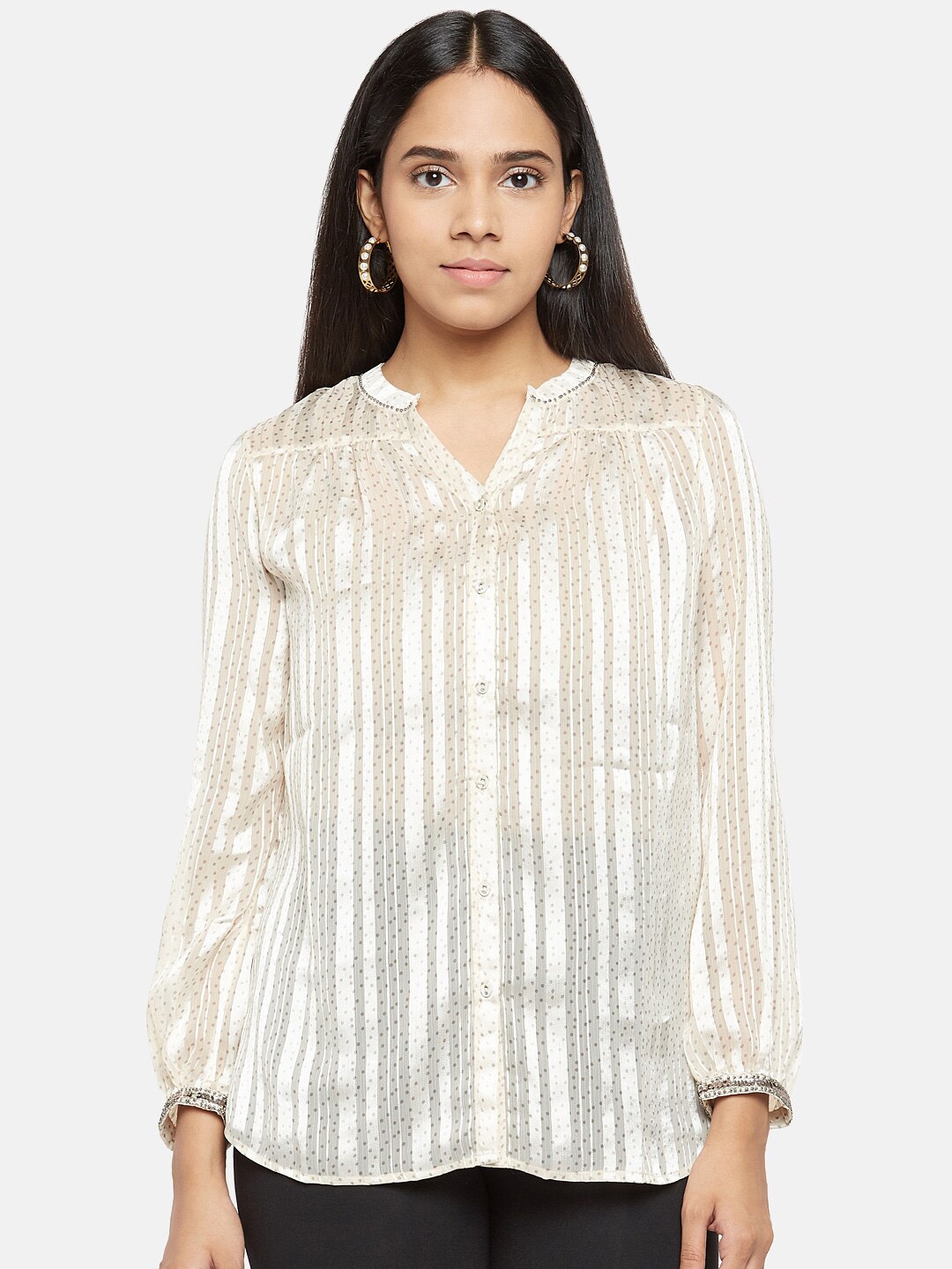 Forever Glam by Pantaloons Off White & Beige Striped Puff Sleeves Shirt Style Top