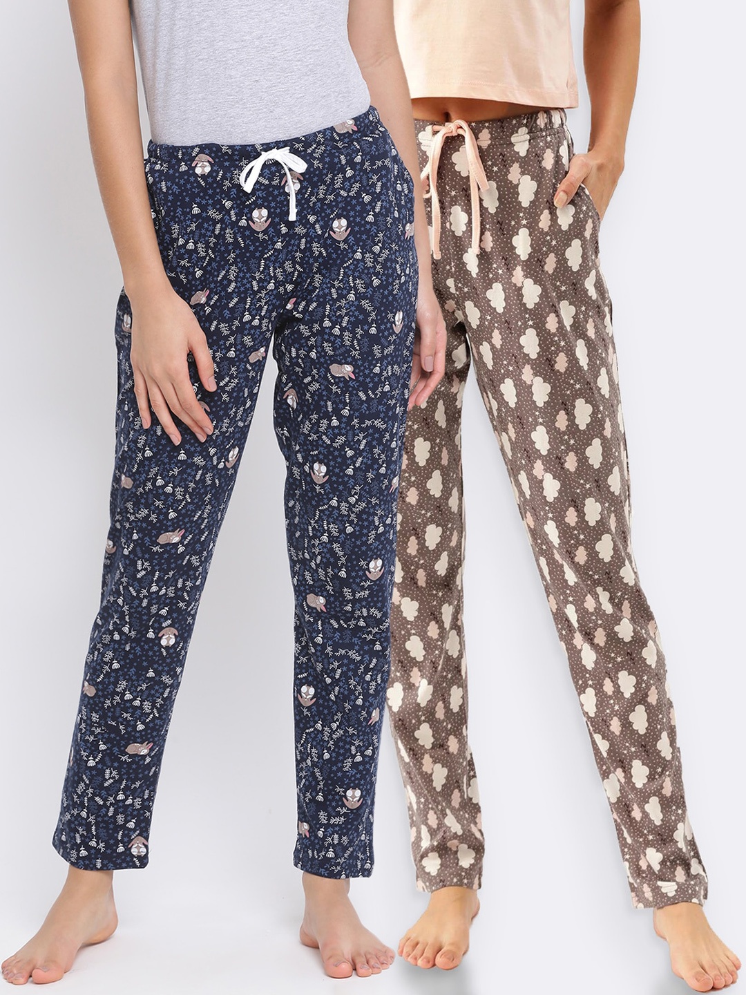 Kanvin Women Pack of 2 Printed Pure Cotton Lounge Pants, Brown