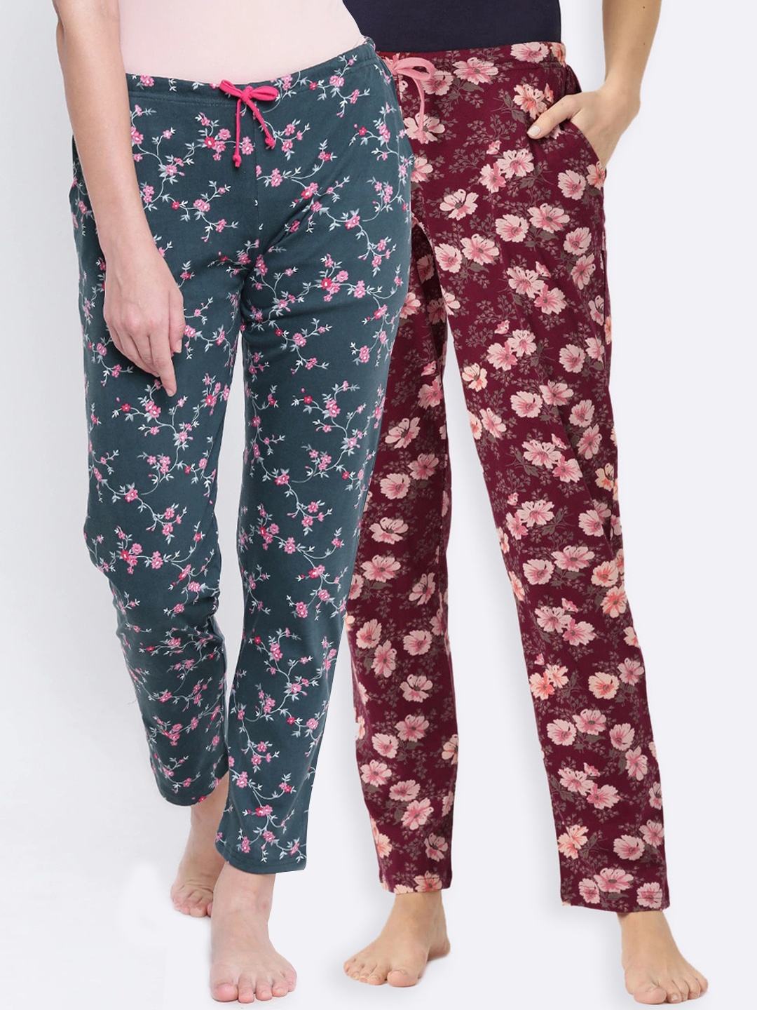 Kanvin Women Pack of 2 Printed Pure Cotton Lounge Pants, Maroon