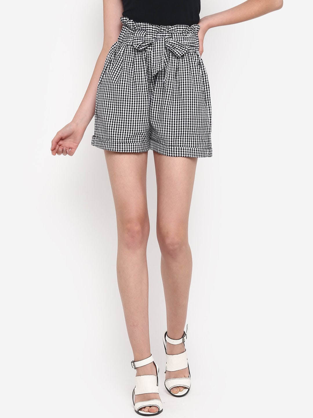 Indietoga Women Black Checked Regular Fit Plus Size Regular Shorts