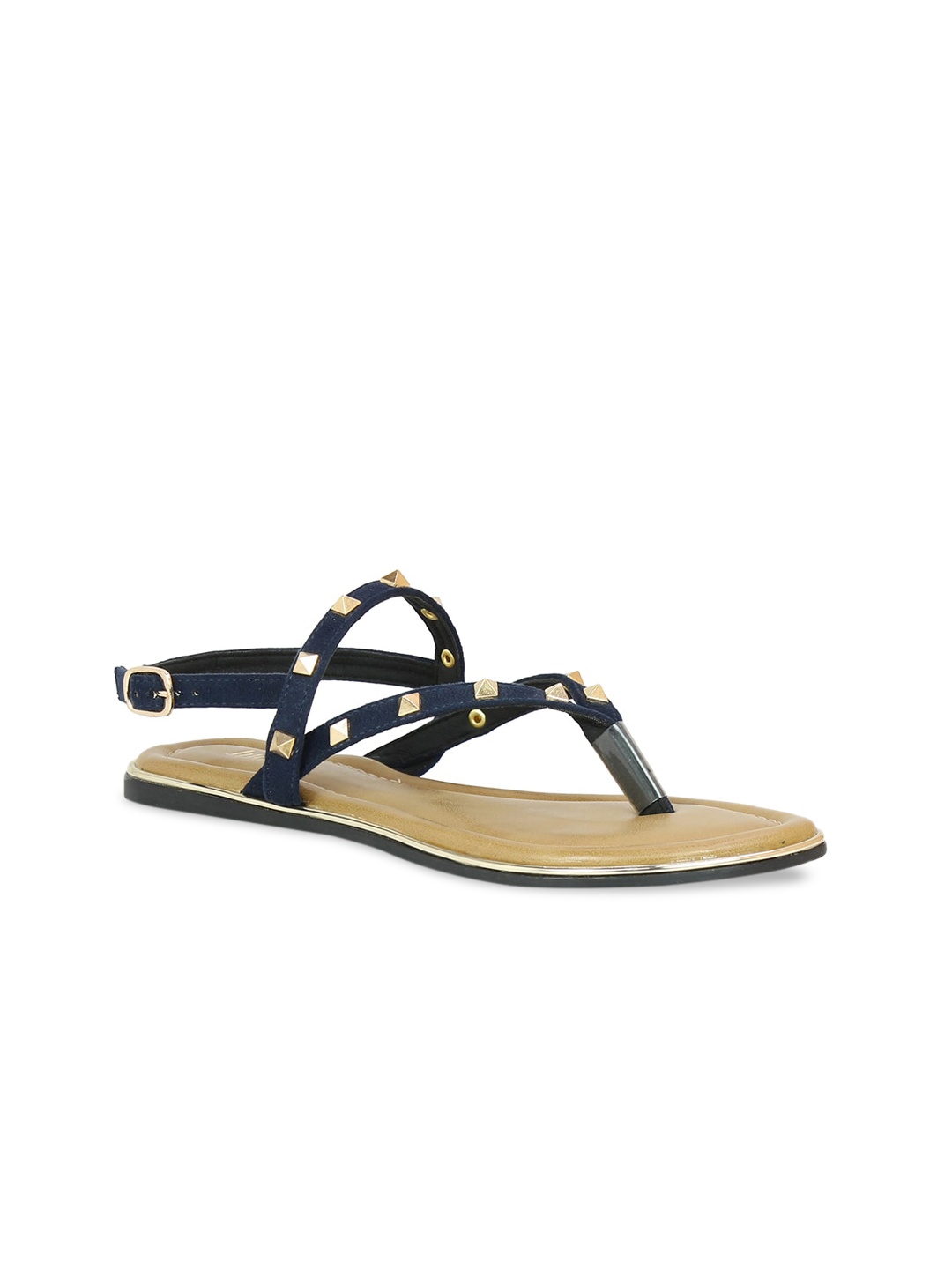 Inc 5 Women Navy Blue & Gold-Toned Embellished T-Strap Flats